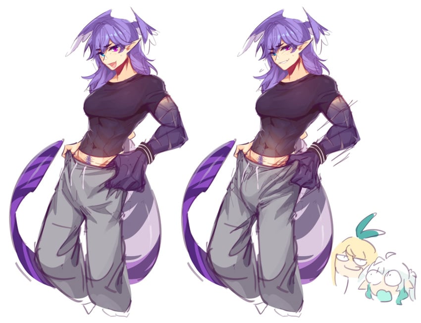 black_skirt clothed dragon_girl futanari implied_futanari mint_fantome muscular muscular_female pomu_rainpuff purple_hair ricegnat selen_tatsuki tail