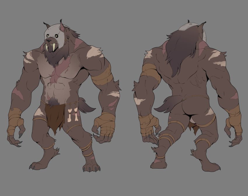 2018 abs anthro armor ass balls bandage barbarian biceps black_fur black_nails black_nose bone brown_fur claws clothing colored_nails felid feline flashspot fur glowing glowing_eyes grey_fur headgear helmet hi_res hollandworks loincloth male mammal model_sheet muscular nails navel pecs penis pubes rope sabertooth_(disambiguation) scar standing teeth