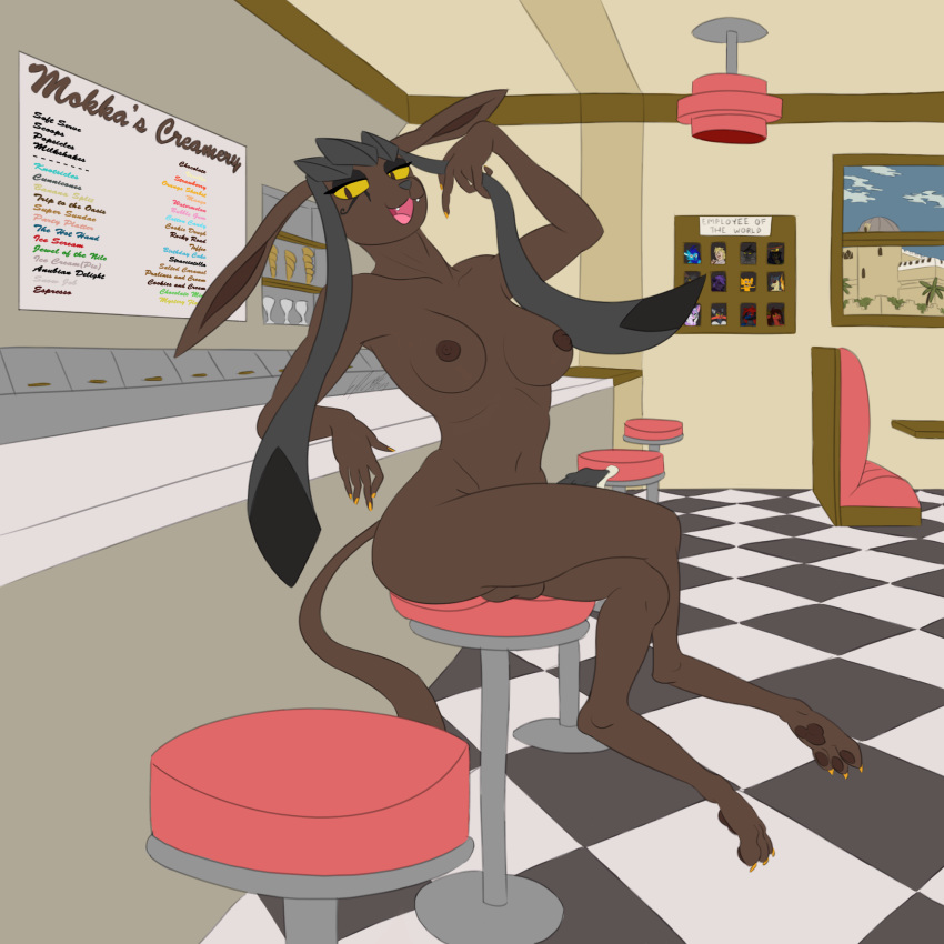 1:1 1futa alternate_color animal_genitalia animal_penis anthro anthrofied anubian_jackal areolae balls bodily_fluids breasts brown_eyes brown_fur canine canine_penis cloud crossed_legs curvy dark-skinned_futanari dessert diner eeveelution erect_nipples erection eye_contact feet food furry futa_only futa_sans_pussy futanari genital_fluids glaceon half-closed_eyes hi_res hybrid ice_cream intersex jackal komissar_bav large_breasts looking_at_viewer mammal nintendo nipples nude open_mouth original_character paws penis pokémon_(species) pokemon pokemon_dppt precum precum_drip sign smile smug stool testicles thick_thighs video_games wide_hips window yellow_sclera