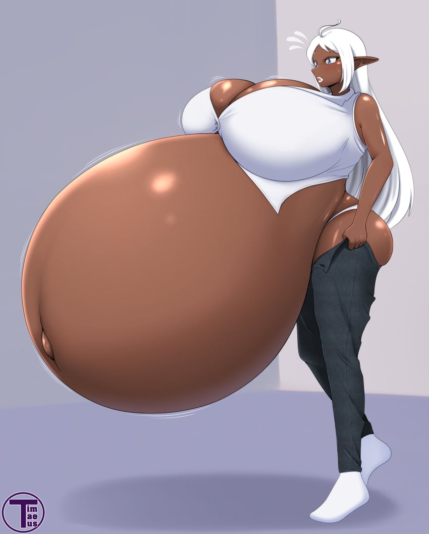 1girls artist_name ass belly belly_bigger_than_head bloated_belly blue_eyes blush breasts breasts_bigger_than_head dark-skinned_female dark_skin female female_focus gigantic_belly gigantic_breasts hyper hyper_belly hyper_pregnancy long_hair original original_character pants pointy_ears pregnant pregnant_female ready_to_pop round_belly simple_background skindentation socks someone_else's_oc standing timaeus white_hair white_lips