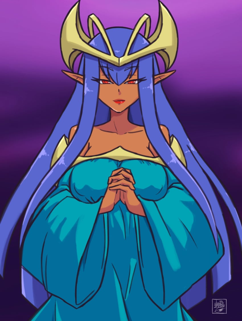 1girls 2022 big_breasts blue_hair dark_elf dark_elf_(yu-gi-oh!) dark_skin deathzera digital_media_(artwork) dress duel_monster female hands_together hi_res huge_breasts konami lipstick looking_at_viewer nipples_visible_through_clothing open_eyes red_eyes robe solo tagme very_long_hair wide_sleeves yu-gi-oh! yu-gi-oh!_duel_monsters