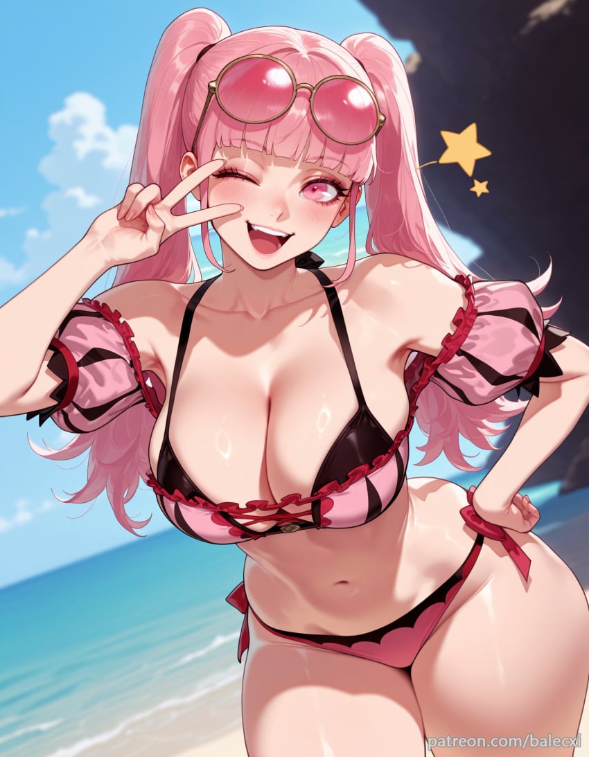 ai_generated balecxi beach cleavage eyewear_on_head female fire_emblem fire_emblem:_three_houses hilda_valentine_goneril large_breasts long_hair looking_at_viewer navel official_alternate_costume one_eye_closed open_mouth outdoors patreon_username pink_bikini pink_eyes pink_hair smile solo sunglasses swimsuit teeth thighs twintails v