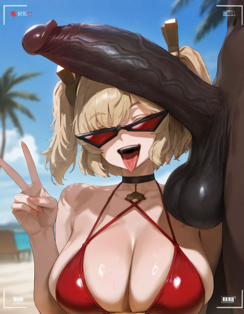 ahe_gao ai_generated beach beach_background beach_sex big_penis bitch black_penis burnice_white cock cock_hungry cock_ring cock_worship dark-skinned_male dark_penis dark_skin long_penis mikayori size slutty_face slutty_pose sunglasses sunglasses_on_face tongue tongue_out zenless_zone_zero