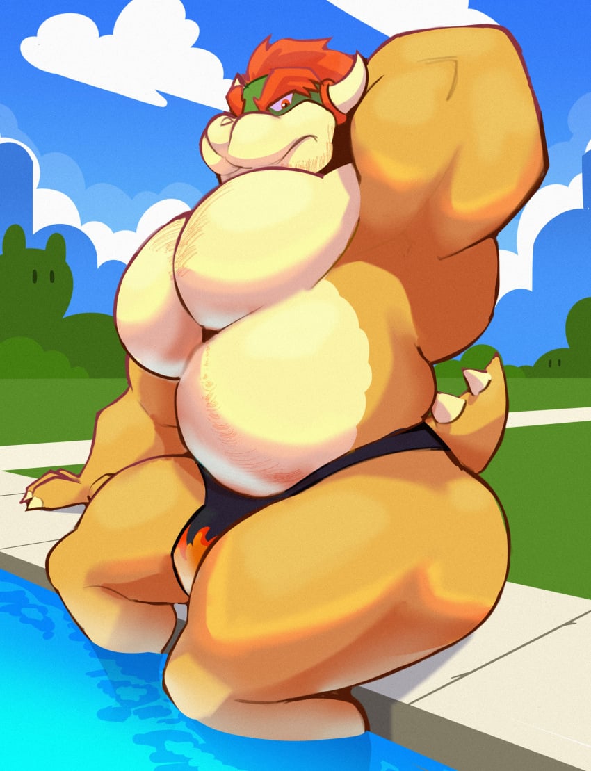 1boy bara belly bigbchevalier bowser fat fat_belly gay hairy_chest koopa male male_only mario_(series) nintendo pool solo super_mario_bros. swimwear