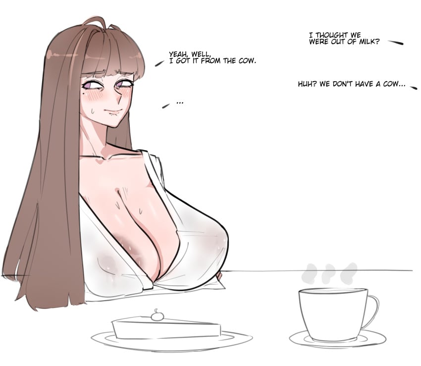 big_areola big_breasts big_breasts clamii dialogue hentai huge_breasts lactating lactation long_hair milk milking sweat text thick_thighs thighs