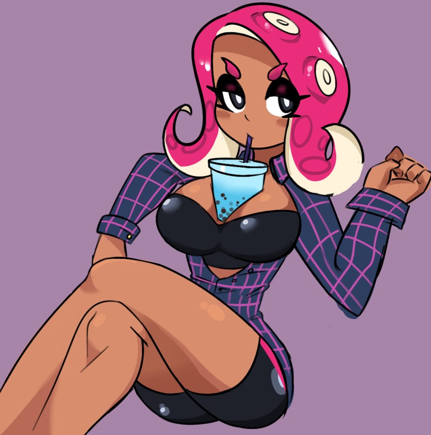 badguyvivi bra breasts drink drinking female octoling pattern_clothing splatoon