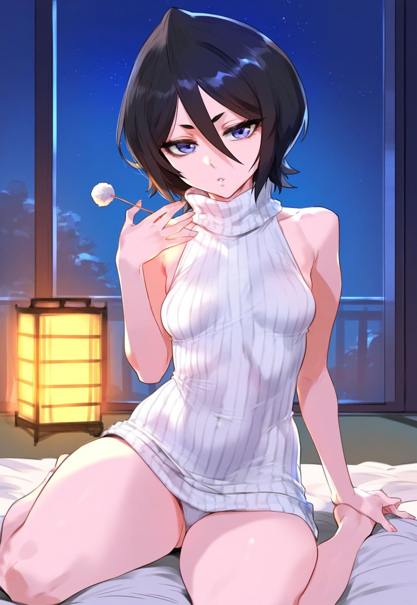 1girls ai_generated black_hair bleach ded_173 kuchiki_rukia kuchiki_rukia petite purple_eyes solo sweater virgin_killer_sweater