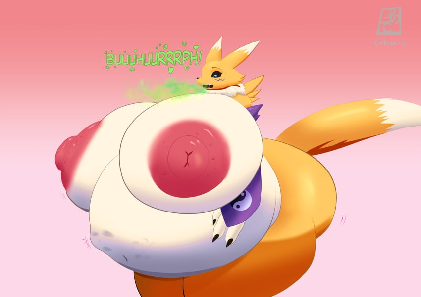 2025 anthro ass bandai_namco belly big_belly big_breasts big_butt breasts burp_cloud burping celexxis_(artist) digestion digimon digimon_(species) female hi_res huge_breasts huge_butt huge_thighs hyper hyper_breasts hyper_butt navel nipples puffy_nipples renamon same_size_vore soft_vore tail thick_thighs vore