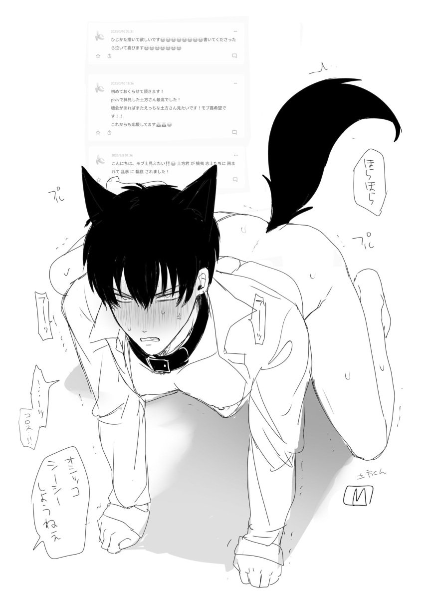 all_fours anger_vein angry blush bottomless collar dog_boy dog_ears dog_tail embarrassed full-face_blush full_body gintama hijikata_toshiro humiliation japanese_text looking_at_viewer m_moboji male male_only malesub monochrome petplay sketch solo submission submissive sweat