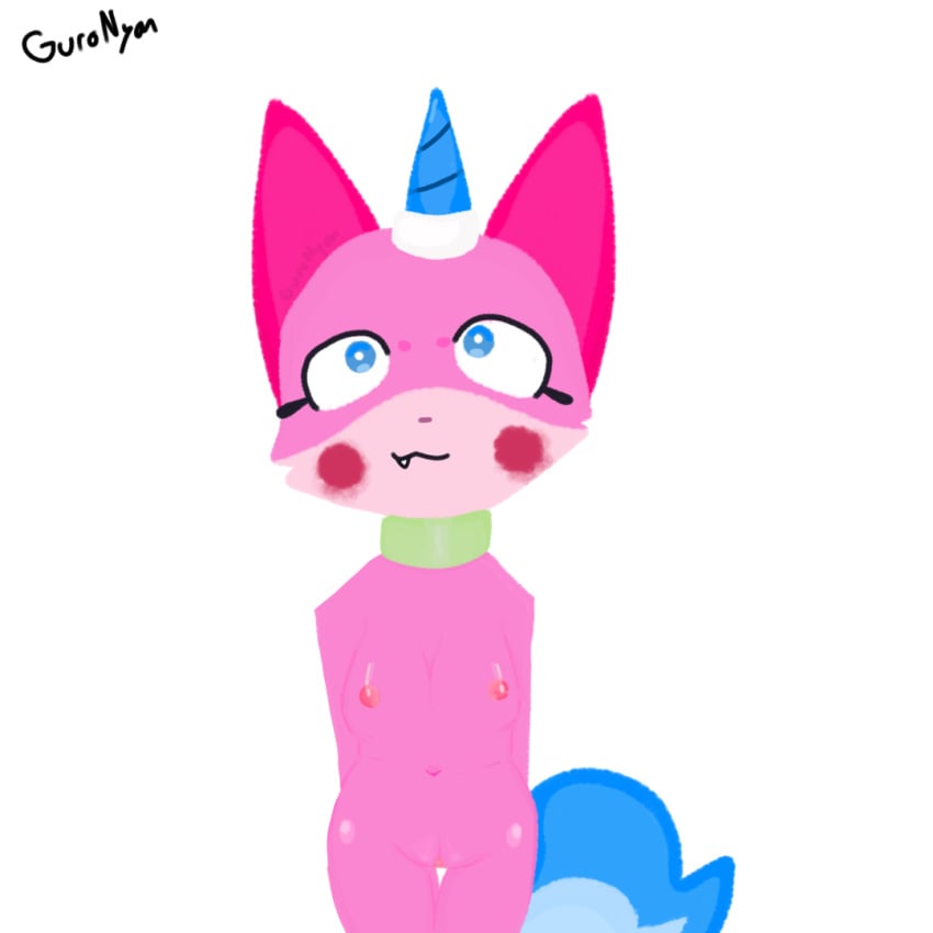 :3 blue_eyes blue_horn blue_tail blush cat_ears cub female female_cub furry guronyan pink_ears pink_fur princess_unikitty unikitty unikitty! unikitty_(series) watermark young young_female