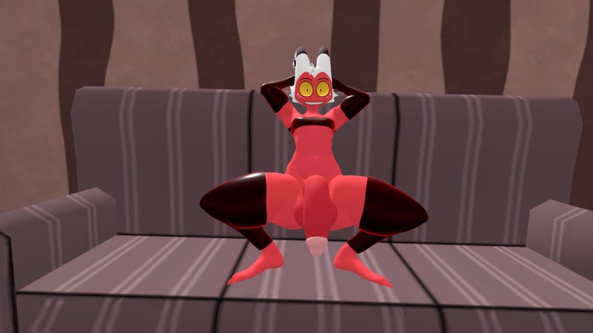 balls clothing cock couch femboy moxxie_(helluva_boss) posing sexy tease vrchat_avatar