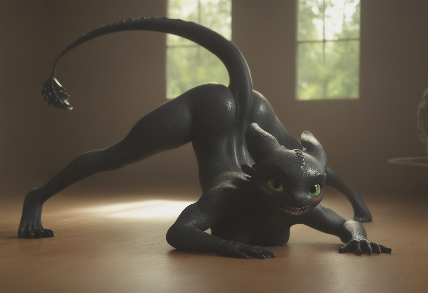 ai_generated anthro anthropomorphic beautiful bedroom big_breasts breasts dragon dragon_girl dreamworks dreamworks_animation female furry green_eyes how_to_train_your_dragon httyd jack-o_pose pussy scalie seductive seductive_look seductive_smile sexy sexy_body sexy_pose toothless wet_pussy