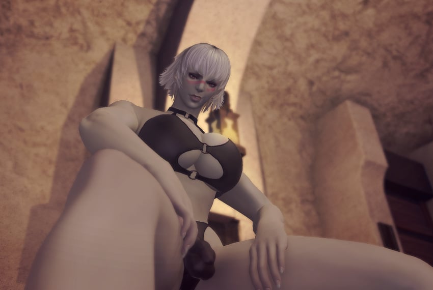 3d bulge_through_clothing dickgirl final_fantasy_xiv low-angle_view mean_look roegadyn_futa small_penis