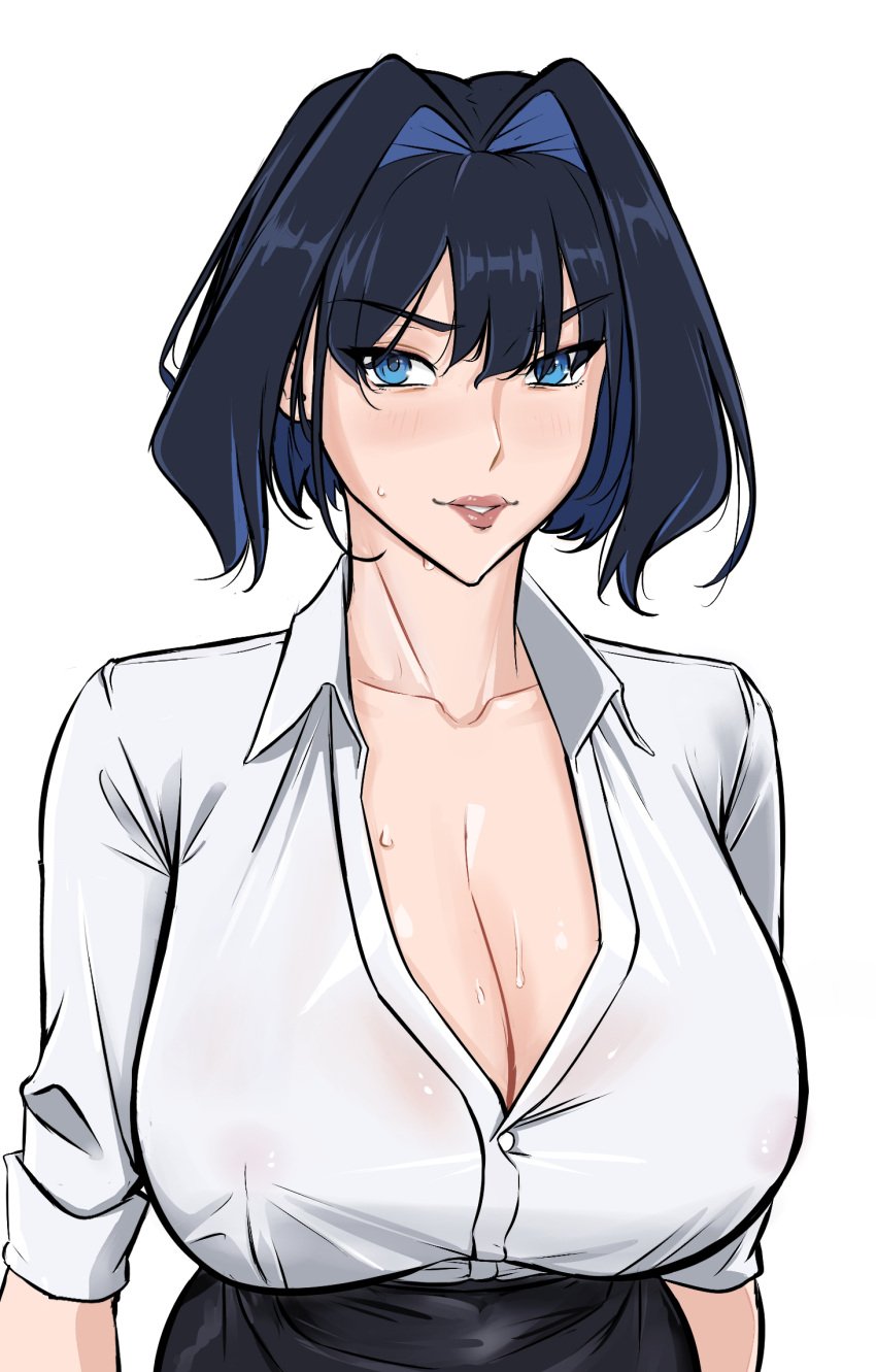 1girls big_breasts blue_eyes blush breasts breasts_bigger_than_head fully_clothed hololive hololive_english light-skinned_female light_skin lipstick looking_at_viewer nipples_visible_through_clothing office_lady ouro_kronii sho_yo smile sweat