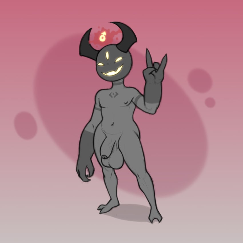 1:1 2_toes 4_fingers balls barefoot big_balls black_horn claws demon fangs feet female_symbol finger_claws fingers flaccid gender_symbol genitals gerb_(kostos_art) gesture glowing glowing_eyes glowing_mouth grey_body grey_skin hi_res horn humanoid humanoid_genitalia humanoid_penis imp kostos_art looking_at_viewer male markings no_pupils nude penis plantigrade simple_background smile solo standing symbol teeth toes vein yellow_eyes