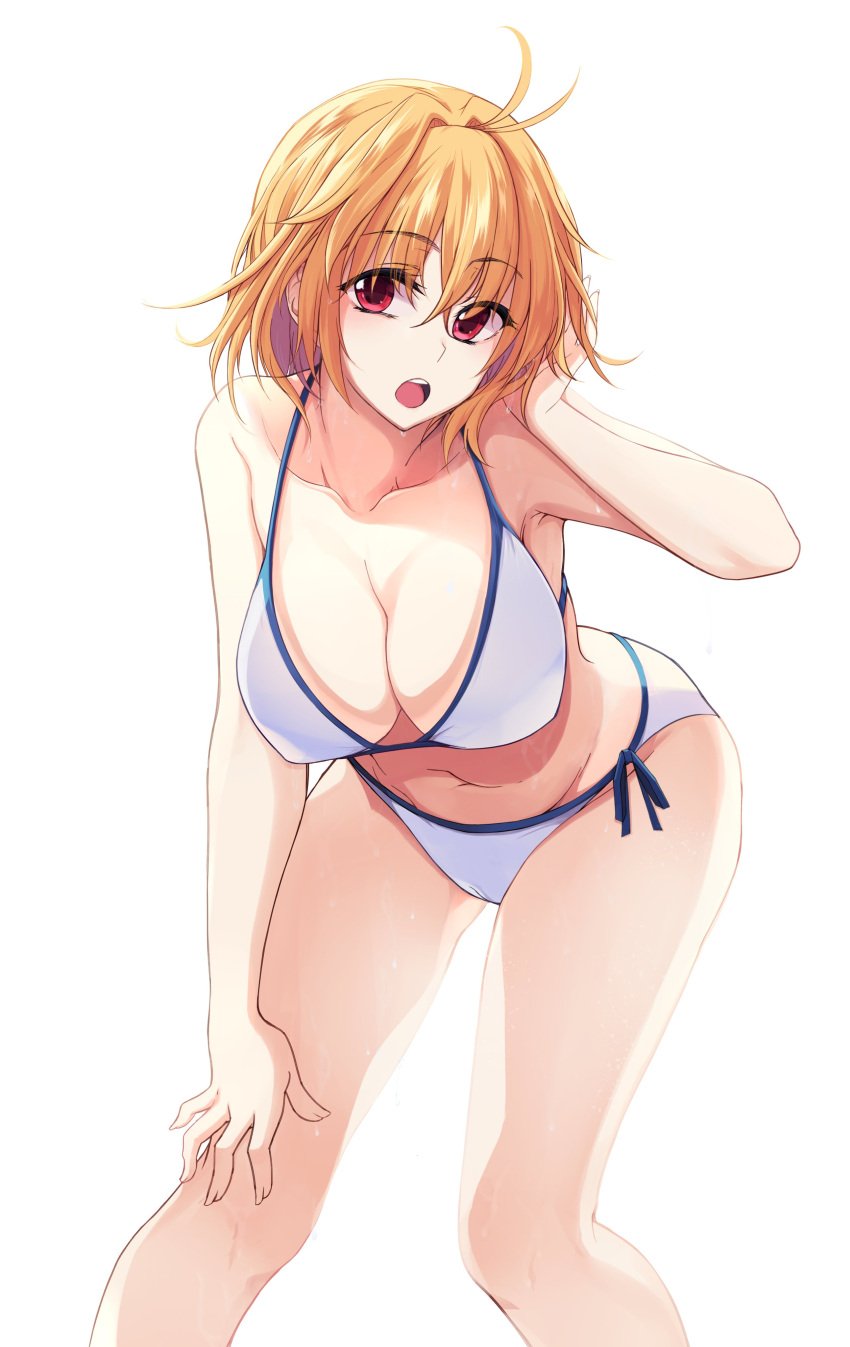 absurdres ahoge arcueid_brunestud ass beach big_breasts bikini blonde_hair breasts breasts cleavage cloud commentary_request enormous_breasts hand_on_own_head hand_on_own_thigh highres huge_breasts large_breasts leaning_forward navel open_mouth presenting_breasts red_eyes short_hair simple_background swimsuit thick_thighs thighhighs thighs top_heavy tsukihime watorabi white_background white_bikini wide_hips