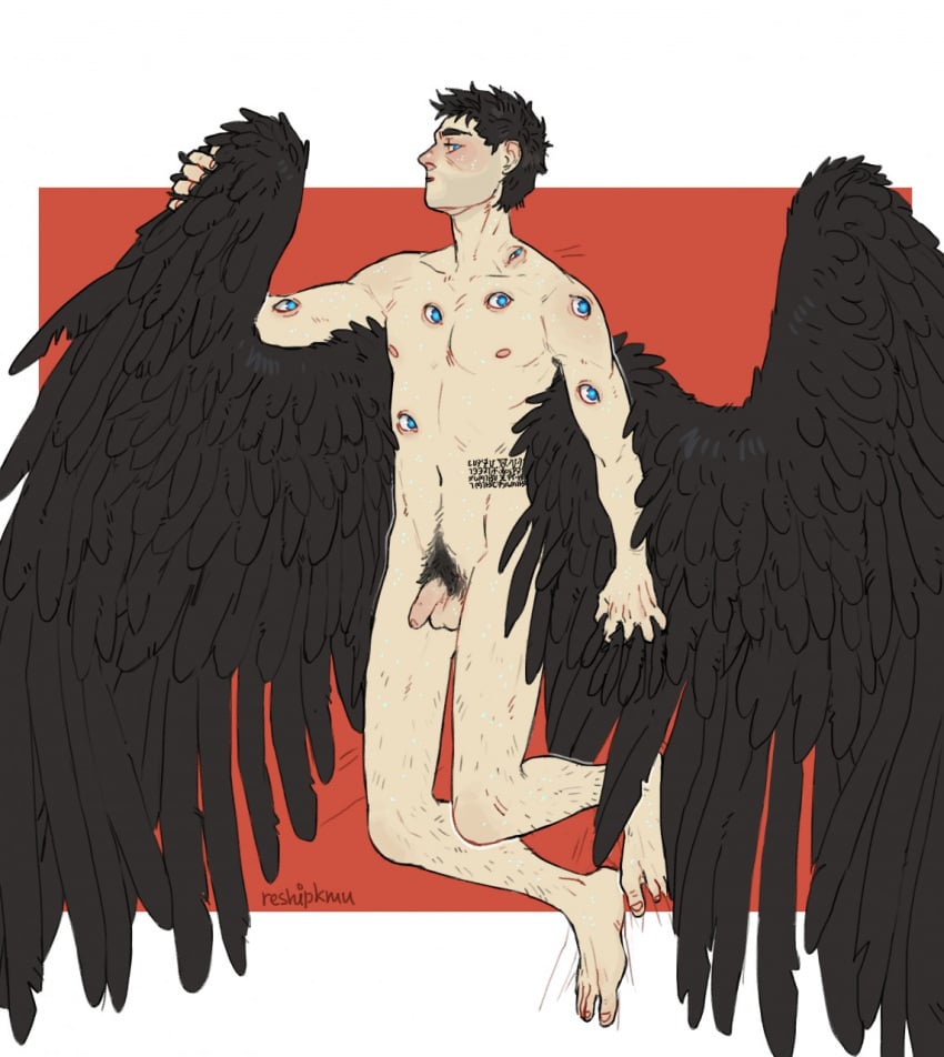 2020 angel angel_humanoid balls black_body black_feathers black_hair black_wings blue_eyes blush castiel eyes_on_arms eyes_on_body eyes_on_chest feathered_wings feathers flaccid genitals hair hi_res humanoid humanoid_genitalia humanoid_penis male not_furry nude penis red_background reshipkmn simple_background solo supernatural_(tv_show) white_background winged_humanoid wings