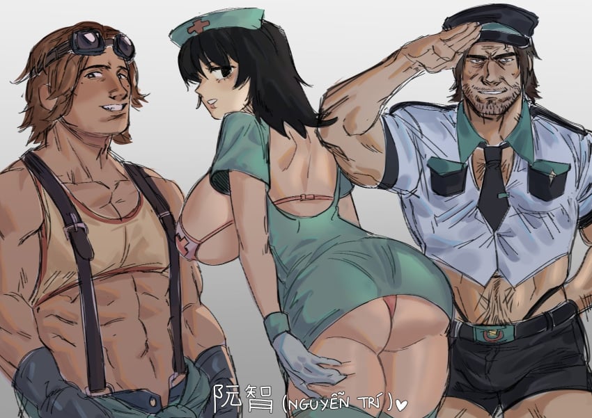 anya_(mouthwashing) bulge_through_clothing daisuke_(mouthwashing) jimmy_(mouthwashing) meorichitmech mouthwashing mouthwashing_(game) muscular_male nurse_uniform pilot_uniform revealing_clothes visible_panties