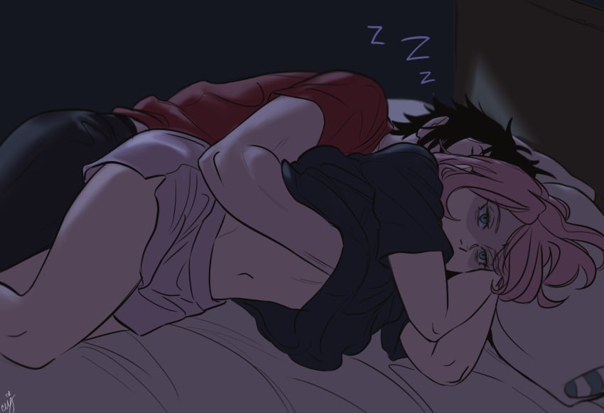 1boy 1boy1girl 1girls annoyed bed bed_sheet bedroom black_hair boruto:_naruto_next_generations breast_grab canon_couple ceejss closed_eyes color curly_hair fully_clothed green_eyes half-closed_eyes hand_under_clothes higher_resolution_duplicate humor husband_and_wife lighting lying lying_on_bed lying_on_side married_couple muscular muscular_male naruto pink_hair romantic romantic_couple sakura_haruno sasuke_uchiha shirt_lift shorts sleeping straight t-shirt unseen_male_face wholesome zzz