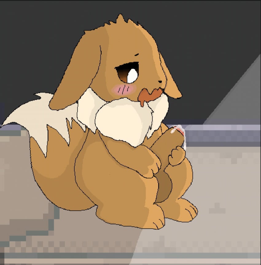 blush blush_lines bodily_fluids brown_body brown_fur cum eevee ejaculation feral foreskin fur generation_1_pokemon genital_fluids genitals male masturbation neck_tuft nintendo open_mouth penis pokemon pokemon_(species) saliva shadow simple_background solo tail tuft warm_claw