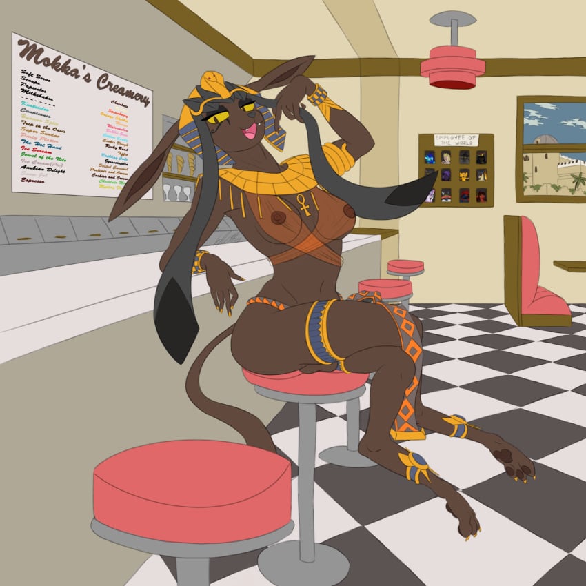 1:1 1futa alternate_color animal_genitalia animal_penis anthro anthrofied anubian_jackal areolae balls balls_under_clothes bottomless_skirt breasts brown_eyes brown_fur bulge canine canine_penis cleavage clothing cloud crossed_legs curvy dark-skinned_futanari dessert diner eeveelution egyptian erect_nipples erection erection_under_clothes erection_under_loincloth erection_under_skirt eye_contact feet food furry futa_only futa_sans_pussy futanari glaceon half-closed_eyes hi_res hybrid ice_cream intersex jackal jewelry komissar_bav large_breasts loincloth looking_at_viewer mammal nintendo nipples open_mouth original_character paws penis penis_bulge penis_under_clothes penis_under_loincloth penis_under_skirt pokémon_(species) pokemon pokemon_dppt sign skirt skirt_lift smile smug stool tenting testicles thick_thighs video_games wide_hips window yellow_sclera