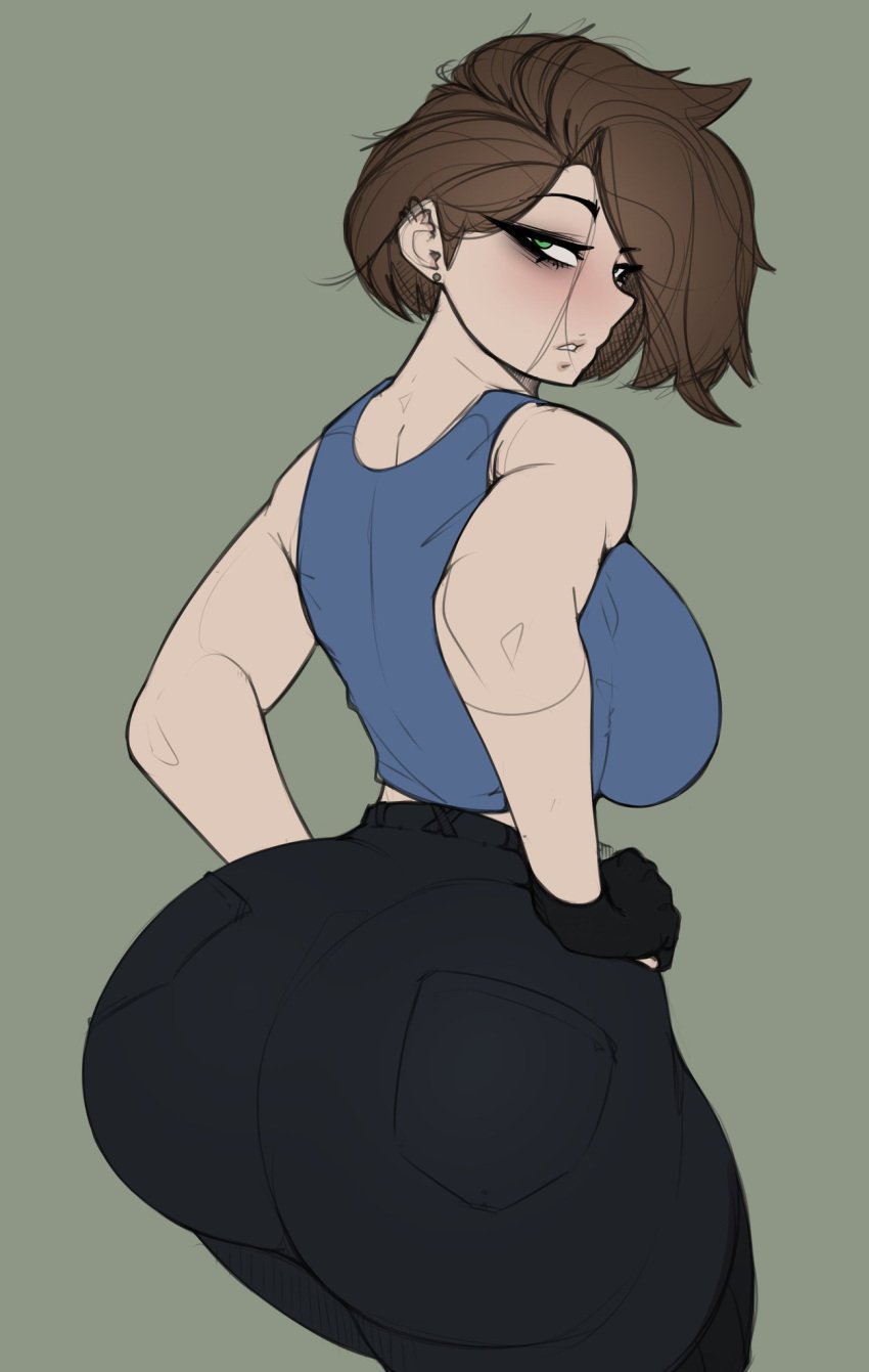 ass_focus black_jeans brown_hair cursedequinox eyeliner fat_ass fully_clothed jill_valentine muscular resident_evil_3 resident_evil_3_remake tank_top