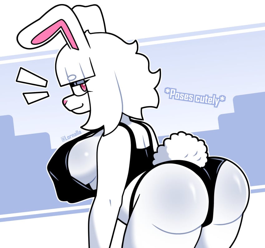 1female 2025 ass big_breasts black_bra black_panties breasts female female_only furry furry_female furry_only looking_at_viewer looking_back lornalla lornalla_(character) original original_character rabbit red_eyes short_hair sideboob text thighs underwear white_fur white_hair