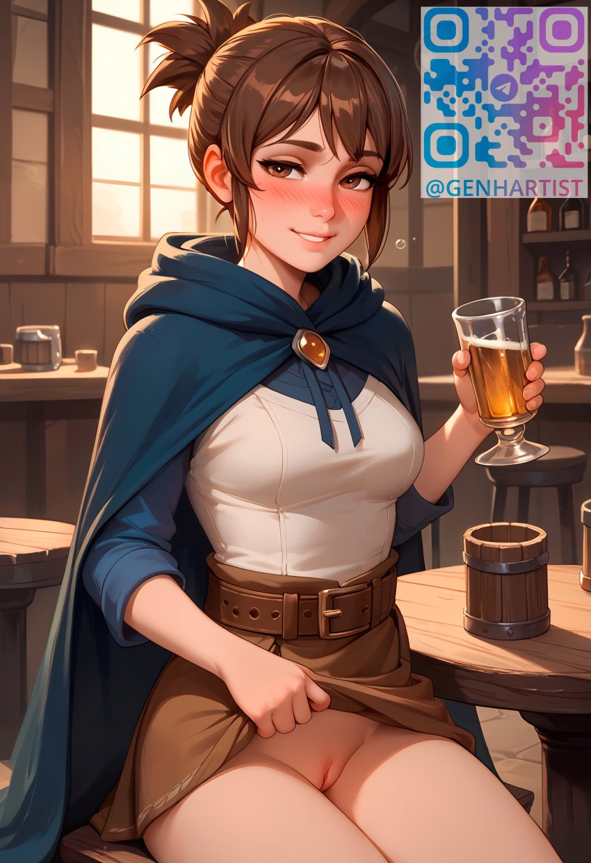 ai_generated brown_eyes brown_hair cloak crossed_arms dota_2 drinking genhartist marci qr_code shirt sitting skirt skirt_lift smile