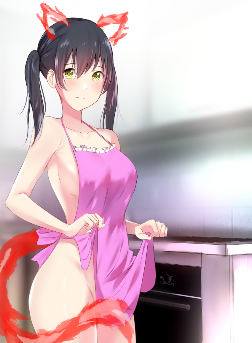 animal_ears apron apron_only armpit_crease breasts cleavage enen_no_shouboutai female fire_force fire_tail functionally_nude hadaka_apron high_resolution kotatsu_tamaki lifted_by_self naked_apron yellow_eyes