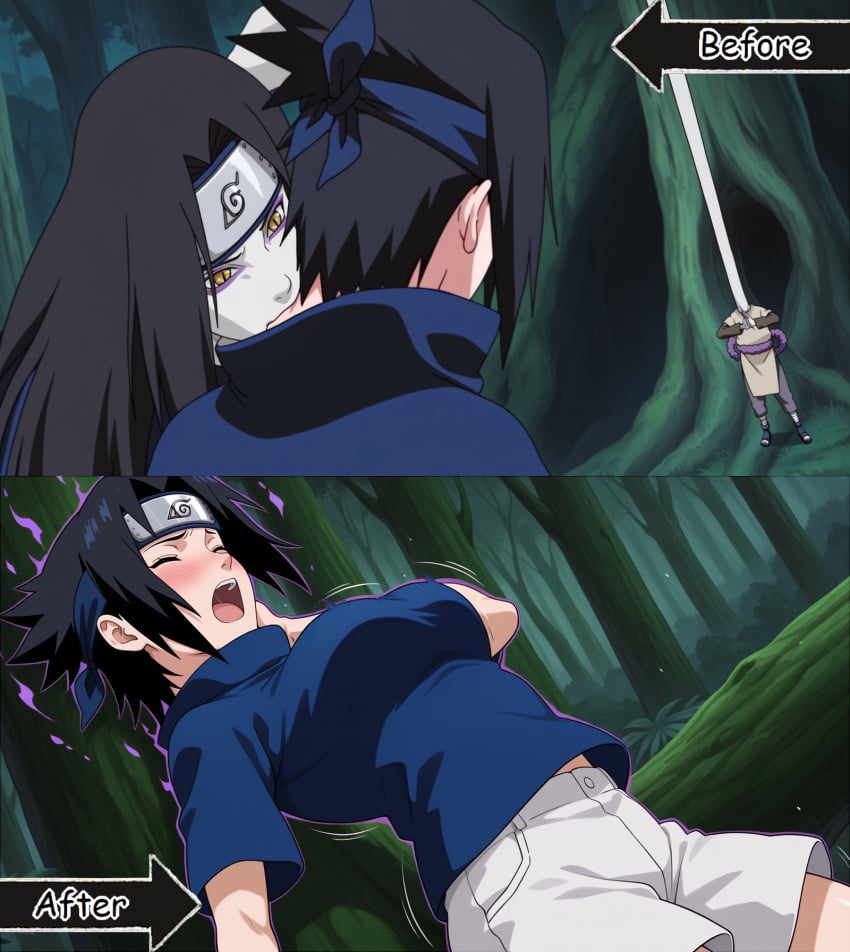 ai_generated before_and_after biting_neck black_hair blush breasts_expansion closed_eyes clothed_female forehead_protector forest_background gender_transformation genderswap_(mtf) long_neck medium_breasts moaning naruto_(series) one_hand_on_neck open_mouth orochimaru outdoors purple_aura rule_63 sasuke_uchiha sfw uchiha_sasuke