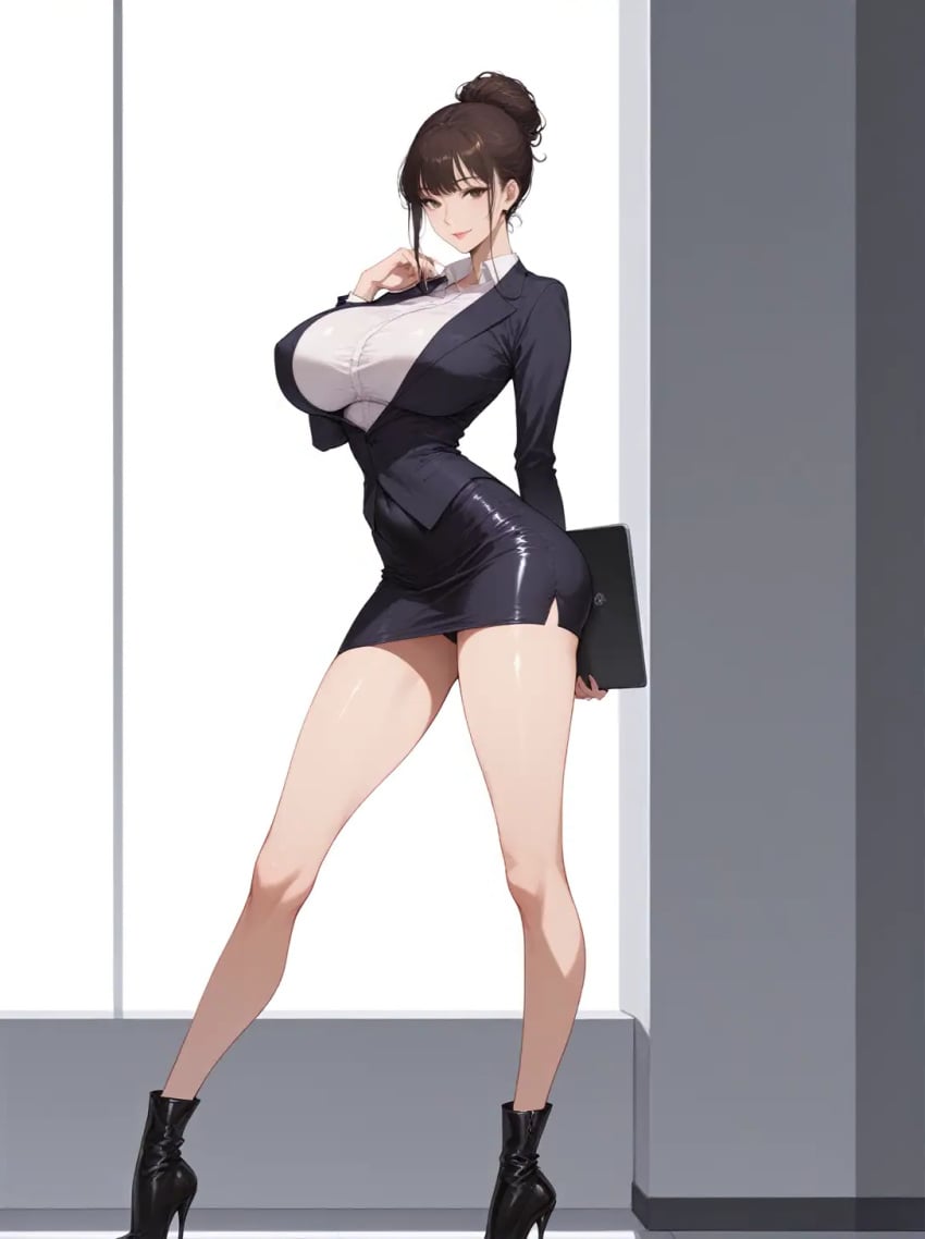 ai_generated bewitching_thighs brown_hair curvaceous full_body large_breasts office_lady shu