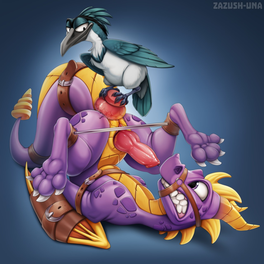 1:1 4_toes activision anal anal_sex avian bird claws digital_media_(artwork) dildo dragon duo feathered_wings feathers hi_res horn knot male male_penetrated membrane_(anatomy) membranous_wings on_back penetration penis purple_eyes scalie sex_toy simple_background spines spyro spyro_the_dragon teeth toes video_games western_dragon wings zazush-una