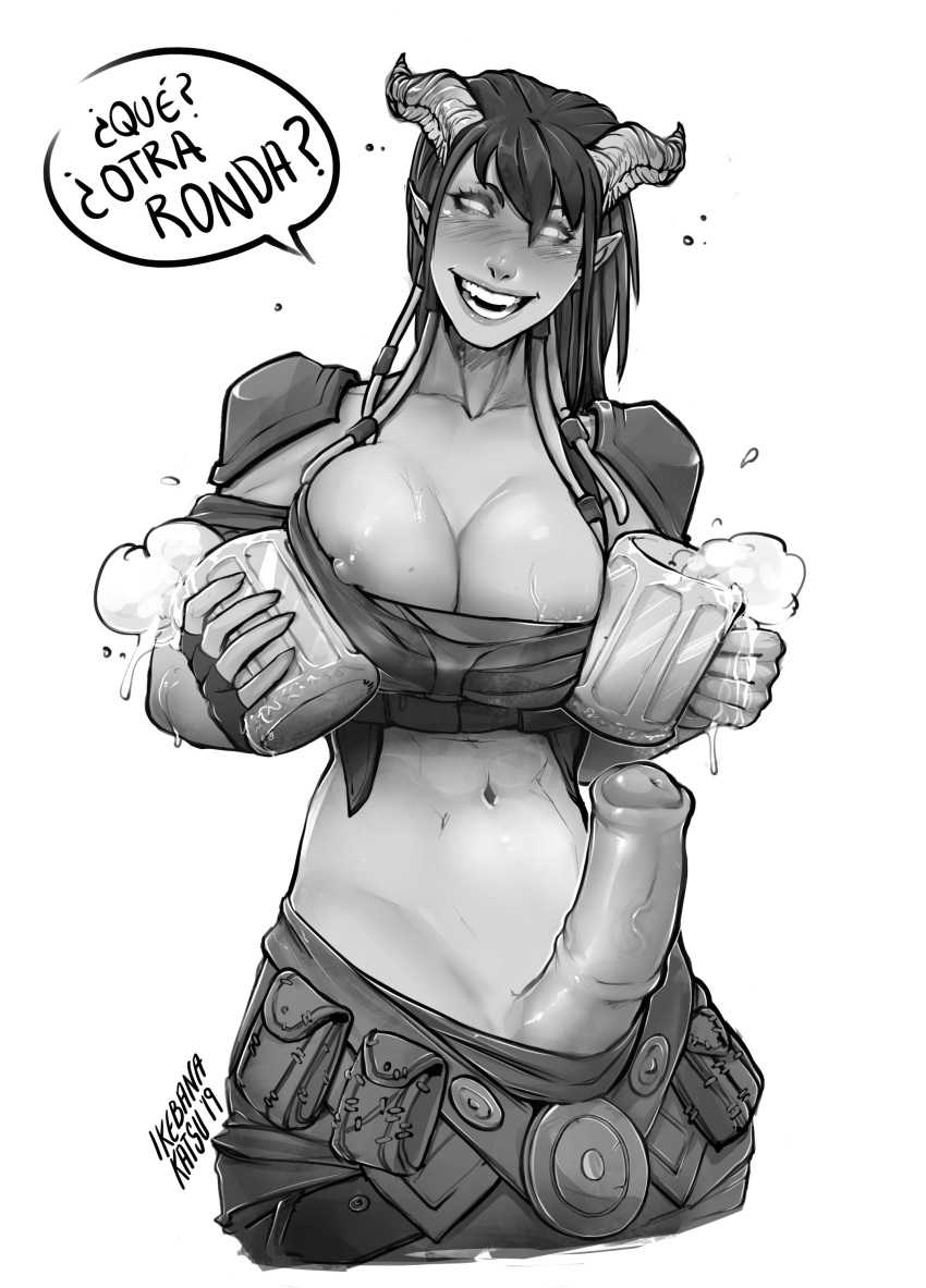 1futa 1girls 2019 abs alcohol alliance_(warcraft) animal_genitalia animal_penis armor beer beer_mug belt big_breasts black_and_white blizzard_entertainment blush breast_press breasts cleavage dialogue dickgirl draenei draenei_monk equine_penis erection fangs fingerless_gloves futa_only futanari gloves glowing_eyes hair half-dressed hips holding_object horn horns horsecock huge_cock ikebanakatsu intersex large_breasts large_penis long_penis looking_at_viewer medial_ring monk_(warcraft) monochrome mug muscular_female muscular_futanari nails naughty_face navel nipple_slip no_bra open_mouth original_character pants pants_down penis pockets pointy_ears precum roodaka_(draenei) seductive_smile sheath smile solo solo_female spanish_text teeth thick_penis veins warcraft wet world_of_warcraft