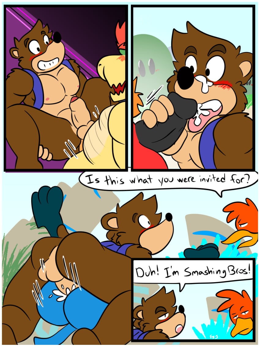 2019 4boys ambiguous_gender anal anal_sex anthro ass avian backpack bag banjo-kazooie banjo_(banjo-kazooie) battlefield_(super_smash_bros) bird bodily_fluids bowser breegull brown_fur chubby comic crossover cum cum_in_ass cum_inside cum_on_face dialogue digital_media_(artwork) english_text erection feet feline fellatio final_destination fizzyjay foreskin foxzombiej fur furry furry_only gay genital_fluids handjob hi_res incineroar interspecies kazooie larger_male lucario male male_only male_penetrated male_penetrating male_penetrating_male mammal manual mario_(series) mating_press nintendo oral penetration penis pokemon pokemon_(species) pokemon_sm rareware reptile scalie sex size_difference smaller_male smaller_penetrated stomach_bulge super_smash_bros. super_smash_bros._ultimate testicles text ursine video_games yaoi