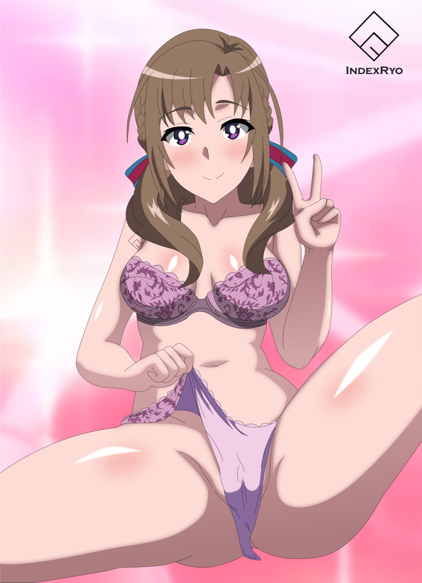 1girls bra brown_hair cameltoe clothed eye_contact female_only indexryo looking_at_viewer milf mother oosuki_mamako panties pose purple_eyes solo text thick_thighs tsuujou_kougeki_ga_zentai_kougeki_de_ni-kai_kougeki_no_okaasan_wa_suki_desu_ka? v watermark wide_hips