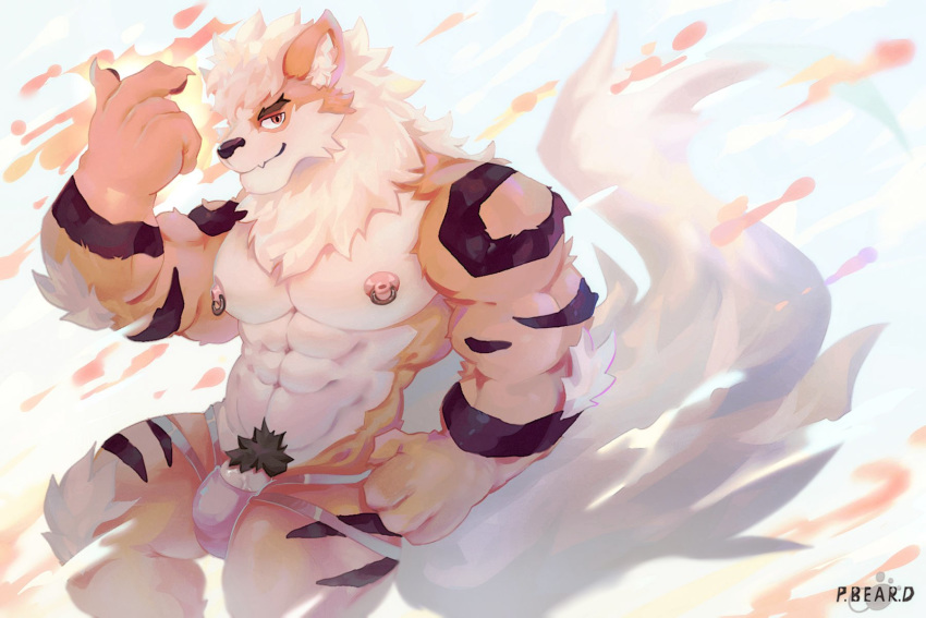 1boy 2019 4_fingers abs anthro anthrofied arcanine big_muscles black_body black_fur black_hair black_nose brown_eyes canine clothing eye_contact fingers fur furry hair hair_over_one_eye half-closed_eyes jockstrap looking_at_viewer male male_only muscular muscular_male nintendo nipple_piercing nipple_ring nipples orange_body orange_fur original_character pd04140298 penis penis_base piercing pink_nipples pokemon pokemon_(species) pokemon_rgby pubic_hair solo striped_body striped_fur stripes text thick_thighs thigh_gap topless underwear video_games watermark white_body white_fur white_hair