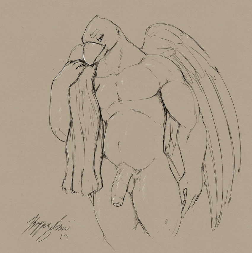 anthro avian beak bird erection feathered_wings feathers finch foreskin half-closed_eyes hi_res humanoid_penis kazzyboii looking_at_viewer male male_only monochrome musclegut muscular muscular_male nude penis seductive sketch solo standing towel wings zary