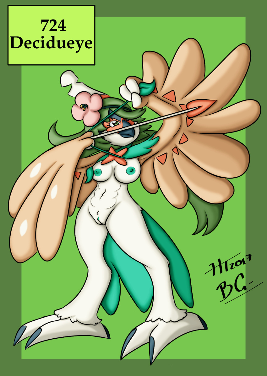 1girls 2017 2_toes abs alternate_breast_size alternate_species anthro anthrofied areolae armpits arrow avian beak belly bernardol22 big_breasts big_eyes big_feet bird bow breasts decidueye feet female female_decidueye flower ghost grass green_background green_eyes green_nipples hair_ornament hairband hi_res hitori09 looking_away mallow_(pokemon) navel nintendo nipples non-mammal_breasts nude owl pinup pokémon_(species) pokedex pokemon pokemon_sm pokemorph pose pussy solo source_request text thick_thighs transformation video_games watermark white_feathers wide_hips wings