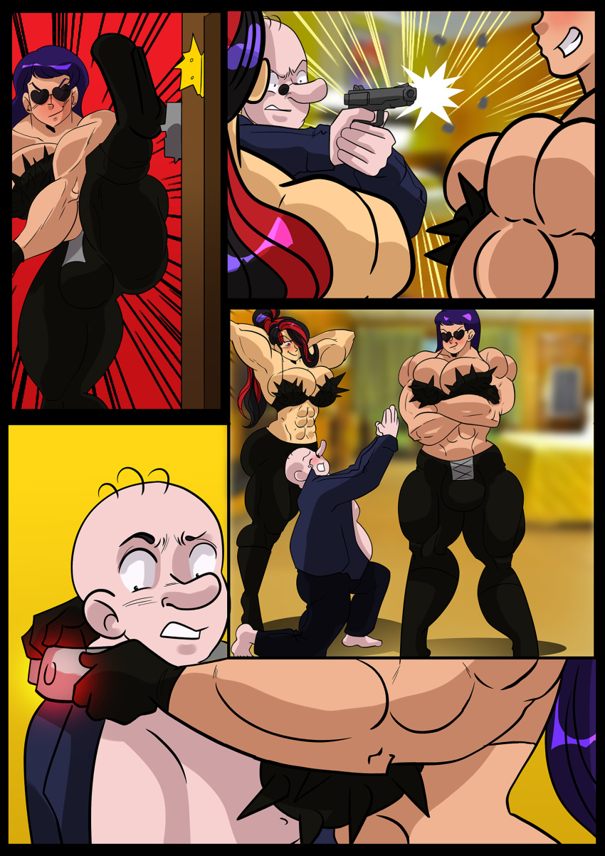 abs archie_comics arms_behind_head arms_crossed asian bald begging biceps black_hair comic comic_page door flexing glasses gun heart-shaped_sunglasses huge_breasts leather leather_pants long_nose lufidelis metal_collar muscular muscular_futanari namakashi overweight overweight_male ponytail purple_hair red_fur red_hair spiked_bra thanh_(oc) waldo_weatherbee