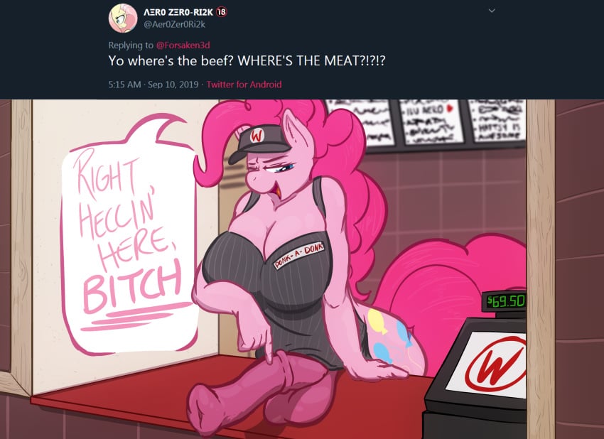 absurd_res animal_genitalia animal_penis anthro apron balls big_breasts breasts cleavage clothed clothing dialogue equid equine equine_penis friendship_is_magic furry futanari gynomorph hi_res horsecock intersex mammal my_little_pony penis pinkie_pie_(mlp) poneboning straight_hair