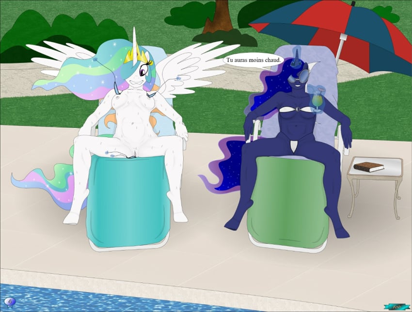 alicorn anthro bikini breasts clothing duo equid fab3716 female french_text friendship_is_magic furry horn mammal my_little_pony pool_(disambiguation) princess_celestia_(mlp) princess_luna_(mlp) pussy smooth_skin swimwear text translation_request wardrobe_malfunction wings