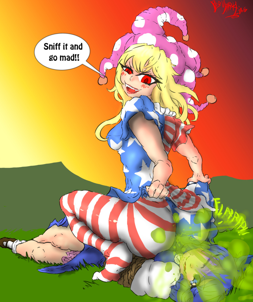 2girls ass_on_face big_ass big_butt blonde_hair blue_eyes blue_hair blush bubble_butt clownpiece domination evil_smile facesitting fart fart_cloud fart_fetish fart_in_face farting farting_in_face femdom looking_back multiple_girls one_eye_closed pervdarkling_(artist) red_eyes smile tears text text_bubble thick_thighs touhou yuri