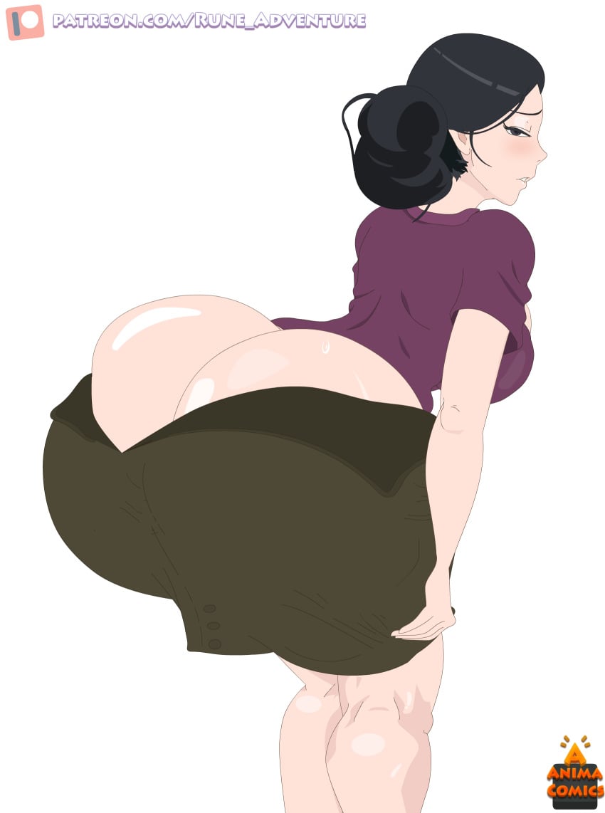 animacomics anna_lucy_(rune_adventure) ass ass_cleavage ass_up brown_shirt butt_crack clothing female giant_ass horny huge_ass huge_butt large_ass looking_at_viewer looking_back mature mature_female mature_woman milf mother patreon purple_shirt rune_adventure watermark white_background wife