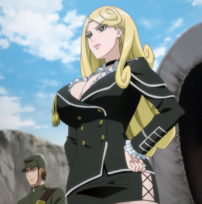 blonde_hair blue_eyes cleavage female huge_breasts katsute_kami_datta_kemonotachi_e liza_renecastle long_hair military_uniform russian_girl screencap