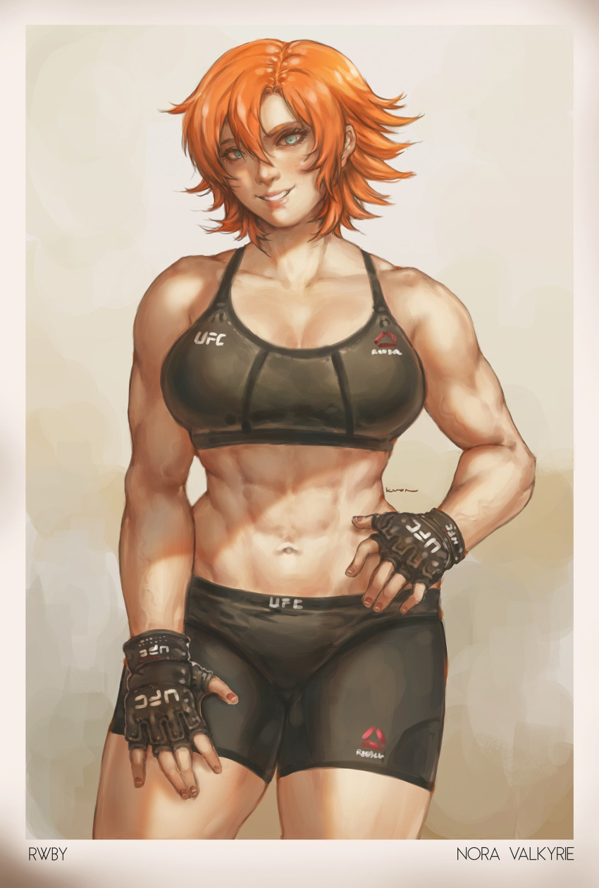 1girls 2019 abs black_shorts blue_eyes booty_shorts breasts cleavage female female_only fingerless_gloves highres looking_at_viewer mma mma_gloves muscles muscular muscular_female nora_valkyrie orange_hair panties prinzkuon rwby short_hair smile solo spats sports_bra sportswear tanktop text ufc watermark white_skin workout_clothes