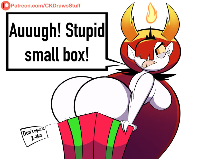 1girls angry big_ass big_breasts christmas codykins123 disney female flame gift hair_over_one_eye hekapoo huge_ass long_hair nude orange_eyes present red_hair sideboob star_vs_the_forces_of_evil stuck teeth very_long_hair white_skin