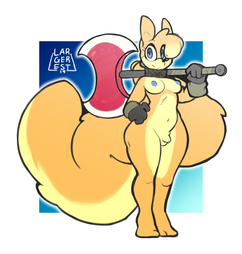 2019 anthro axe balls biped black_nose blue_background blue_eyes blue_nipples border breasts clothing collar digital_media_(artwork) eyelashes flaccid fluffy fluffy_tail full-length_portrait fur futanari gloves gradient_background gynomorph handwear hi_res holding_object holding_weapon intersex largerest long_tail looking_at_viewer mammal melee_weapon multicolored_fur navel nipples nude penis ponytail portrait rodent sciurid simple_background small_breasts small_penis smile solo standing sydup tan_ears tan_fur tan_hair two_tone_fur two_tone_tail weapon white_border wide_hips