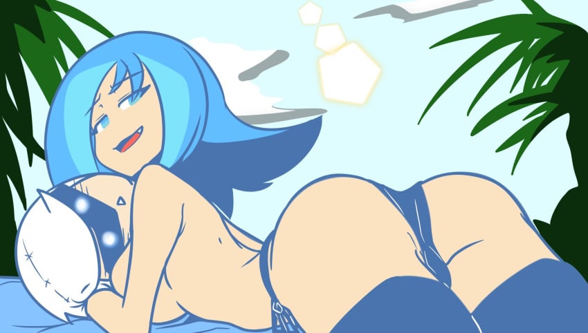 big_breasts blue_eyes blue_hair deva_(gwain_saga) female female_only geoexe gkvalhalla gwain_saga looking_at_viewer looking_back plushie seductive sideboob smug swimsuit