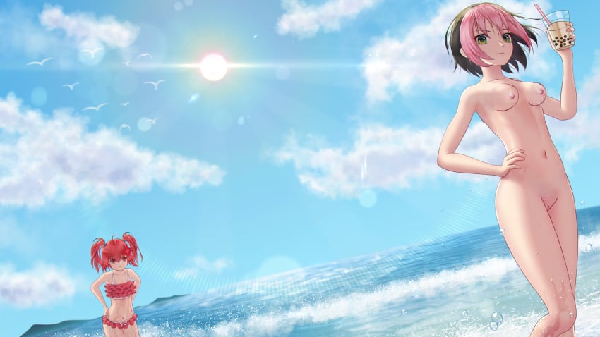 2girls beach black_hair boba_tea breasts edit edited green_eyes multiple_girls nipples nude nude_edit nude_female ocean osu! pink_hair pippi_(osu!) short_hair smile smiling_at_viewer