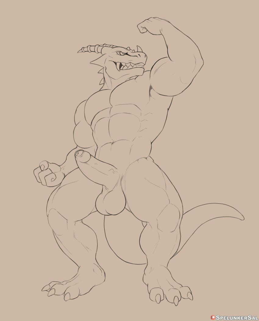 anthro balls clenching_teeth doodle dragon erection flexing hi_res humanoid_penis lizard male male_only monochrome muscular muscular_male penis posing reptile scalie sketch solo spelunker_sal standing uncut vein yellow_eyes